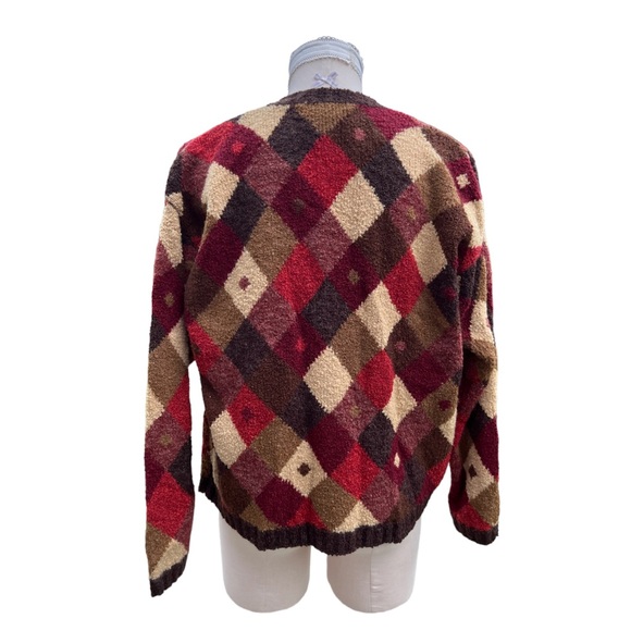 Vintage Talbots Argyle Boucle Knit Red & Tan Button Up Cardigan Sweater - Picture 9 of 11